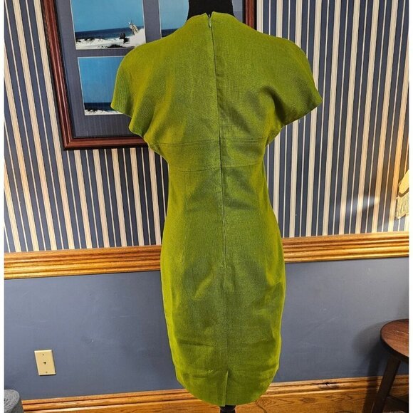 Liz Claiborne Green Linen Dress Size 6 Short Sleeve Pleated Design W Back Zipper - Picture 4 of 7